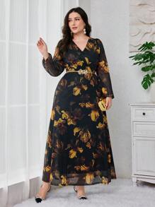 Modelyn 大码女式花卉印花 V 领透明灯笼袖优雅连衣裙长款晚礼服 - 墨綠色 - 查看 1
