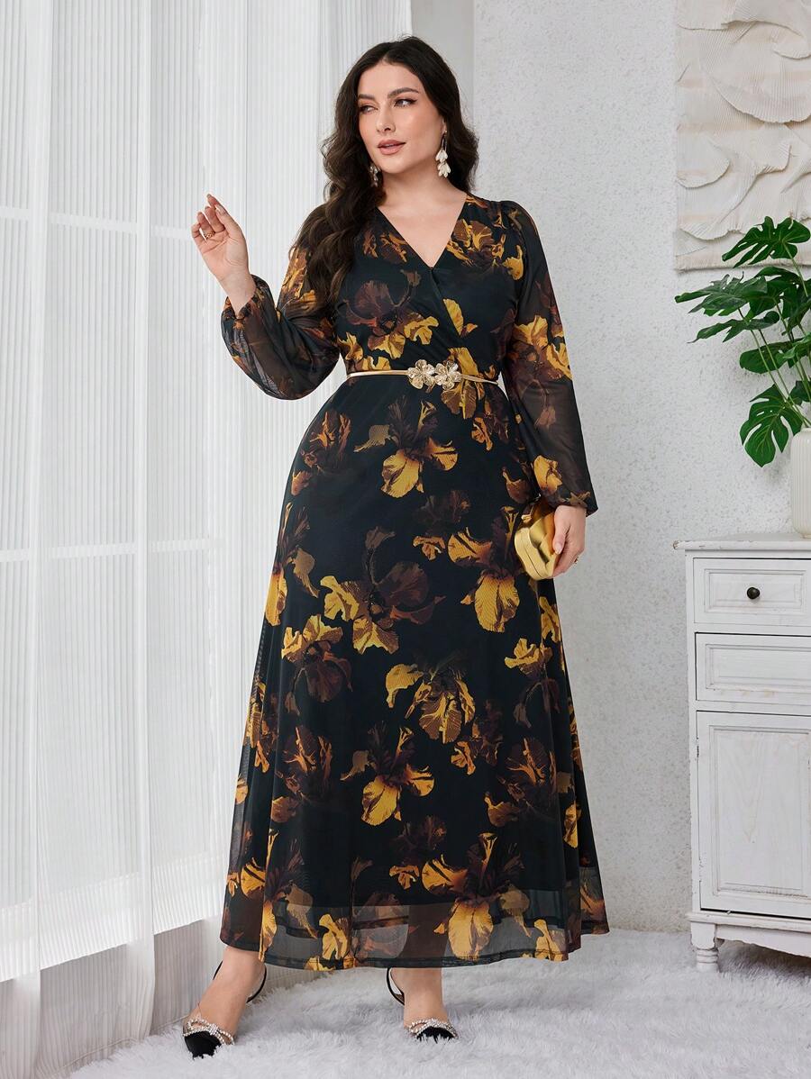Modelyn 大码女式花卉印花 V 领透明灯笼袖优雅连衣裙长款晚礼服 - 墨綠色 - 查看 1