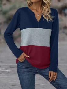 EMERY ROSE 女士拼色拼接长袖简约休闲上衣图案T恤女士春季上衣 - 彩色 - 查看 4