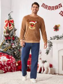 Manfinity VCAY Áo nỉ dệt kim dài tay cổ tròn rộng rãi cho nam, thích hợp cho mùa thu/đông, Giáng sinh, gia đình/cặp đôi, đa năng để mặc hàng ngày - Màu Khaki - Xem 3