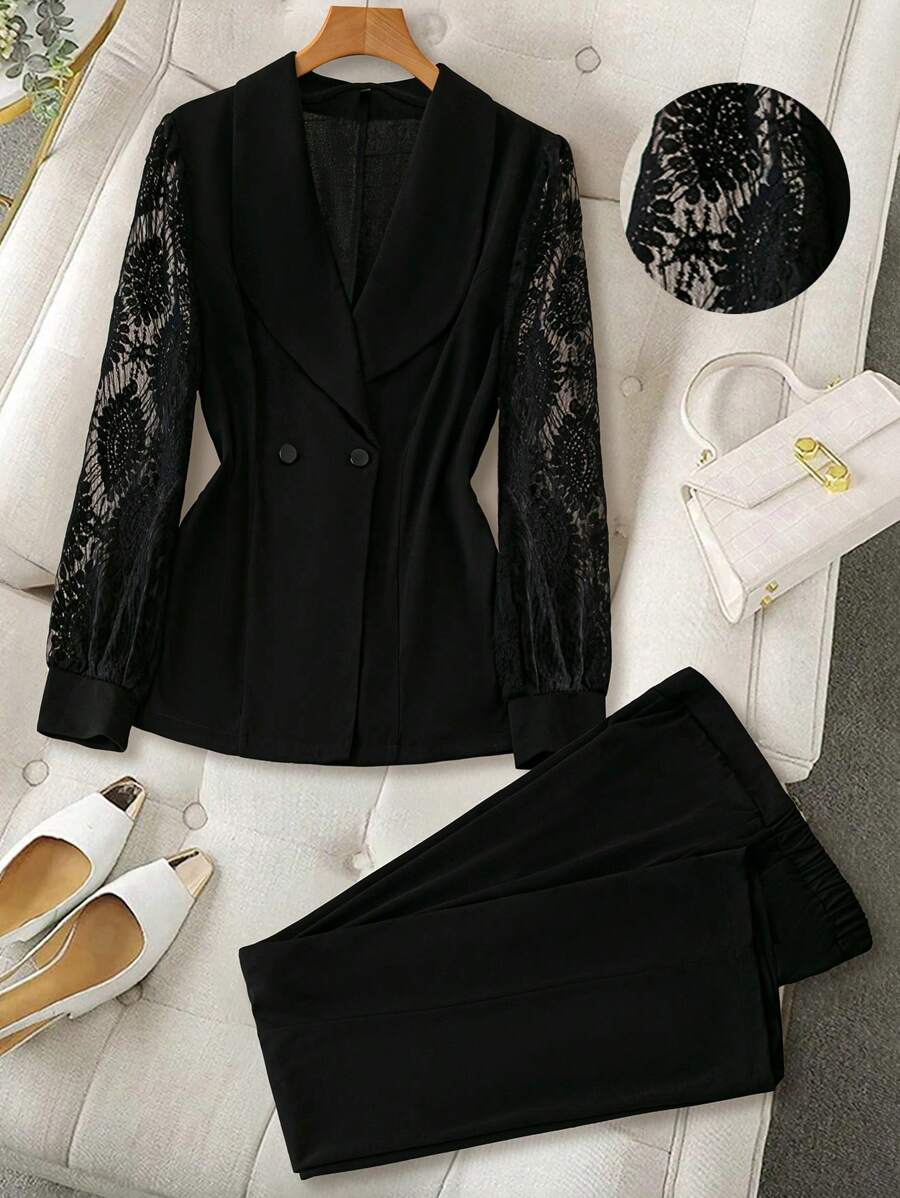 SHEIN Unity Plus Size Button Front Long Sleeve Top And Pants Casual Suit Set - Black - View 1