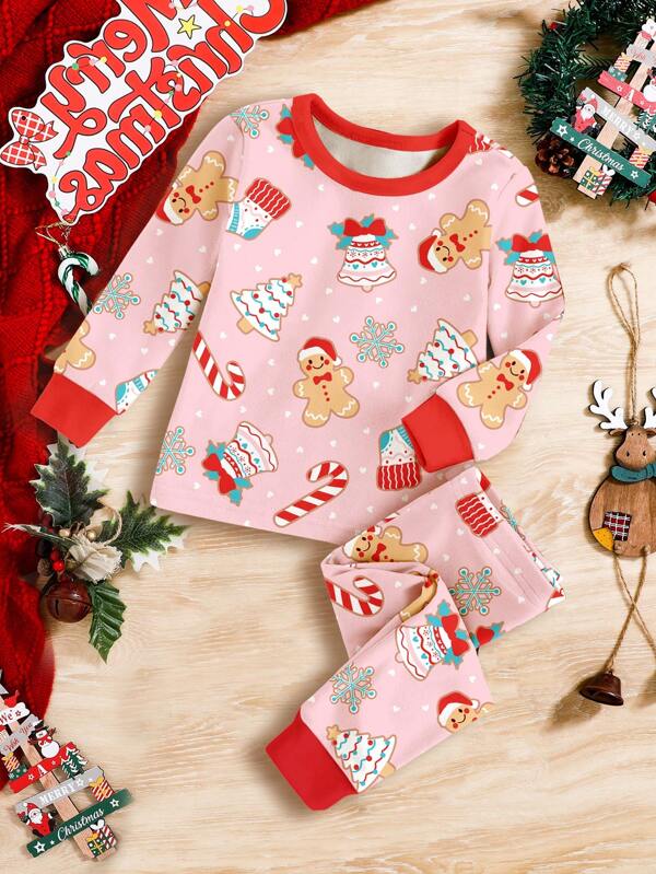 SHEIN Pretty Pink Christmas Pattern Print, Gingerbread Man & Candy Cane Christmas Gift, Baby Girl Casual Cozy Long Sleeve Top And Pants Homewear Set, Snug Fit, Suitable For Autumn/Winter