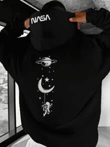 Manfinity Homme 男士休闲宇航员印花宽松保暖连帽卫衣，秋冬款 - 黑色 - 查看 1