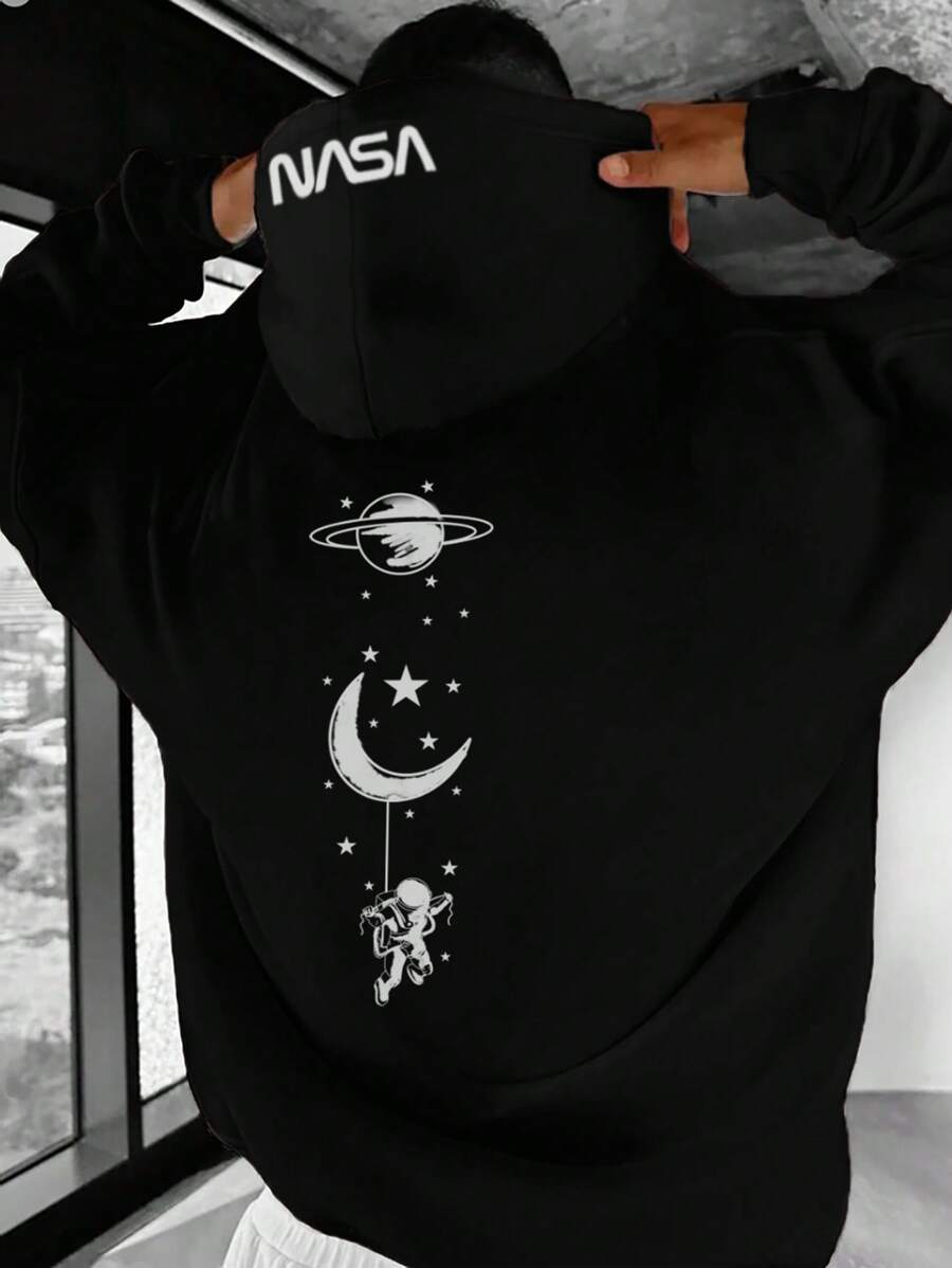 Manfinity Homme 男士休闲宇航员印花宽松保暖连帽卫衣，秋冬款 - 黑色 - 查看 1