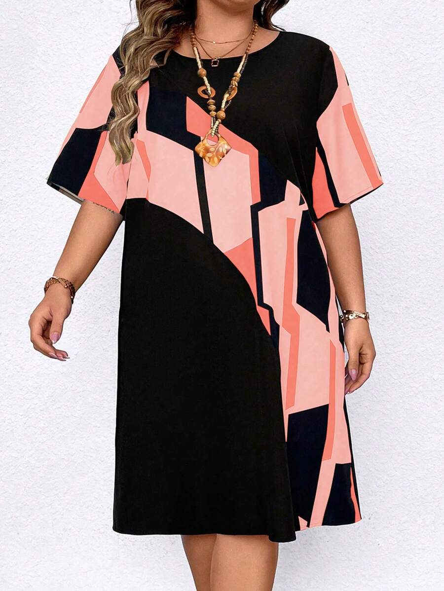 SHEIN LUNE 大码拼色圆领短袖休闲连衣裙 - 粉色 - 查看 1