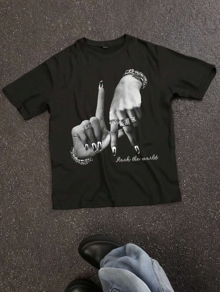 SHEIN Bolty Tween Girls Casual LA Gesture Graphic Print Short Sleeve T-Shirt, Summer - Black - View 1