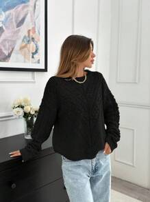 EURMUSE Women's Asymmetric And Pon Pon Knit Pattern Detailed Sweater - Black - View 3