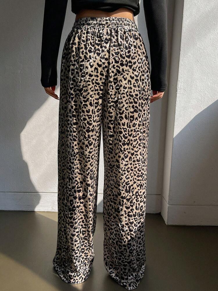 Leopard Print Loose Wide Leg Pants With Drawstring Elastic Waist Pockets For Women Cheetah Print