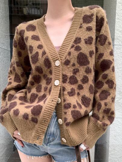 DAZY Cardigan casual cu mânecă lungă și un singur nasture pentru femei, cu imprimeu leopard, jachetă cu imprimeu ghepard de toamnă/iarnă