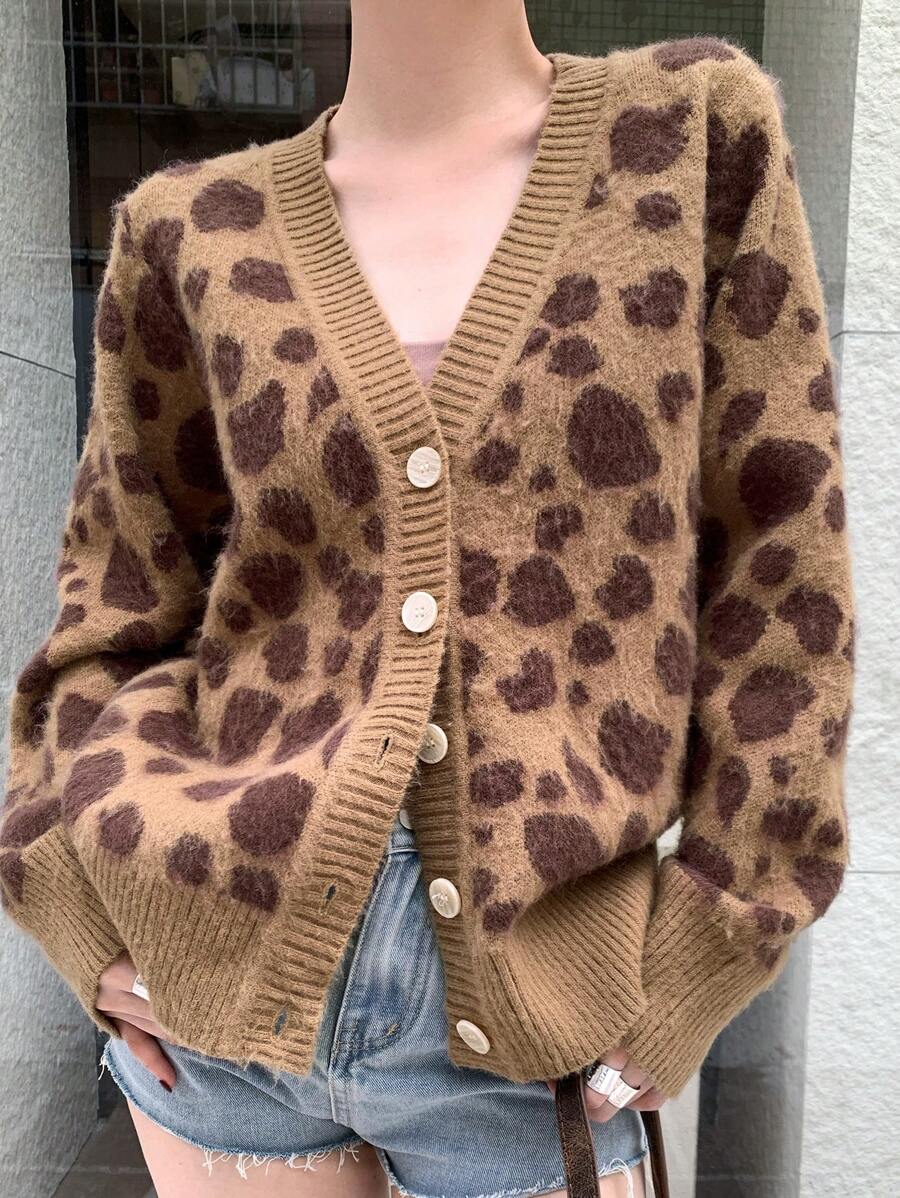 DAZY 女士豹纹长袖单排扣休闲开衫，秋冬猎豹印花夹克 - 卡其色 - 查看 1