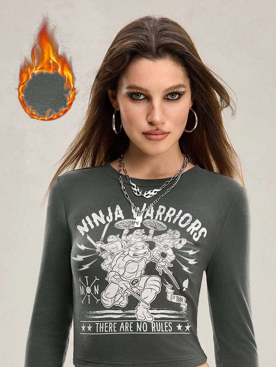 TEENAGE MUTANT NINJA TURTLES | SHEIN Women's Casual Cartoon Turtle & Slogan Print Slim Long Sleeve Cropped T-Shirt,Thermal For Winter