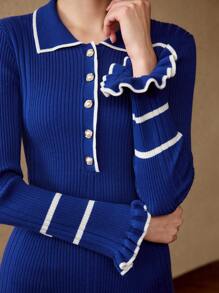 MOTF Vestido de punto acanalado con mangas abombadas y ribetes de contraste - Azul - Ver 3