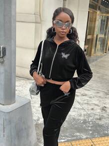 SHEIN Teengirl Black Velvet Rhinestone Decor Casual Suit, Black Velvet Suit, Glamorous Shimmering Rhinestone Suit, Street Style Suit, College Style Suit - Black - View 4