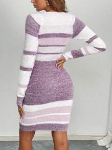 SHEIN LUNE Women Casual Daily Contrast Color Round Neck Bodycon Sweater Dress, Autumn/Winter - Multicolor - View 2