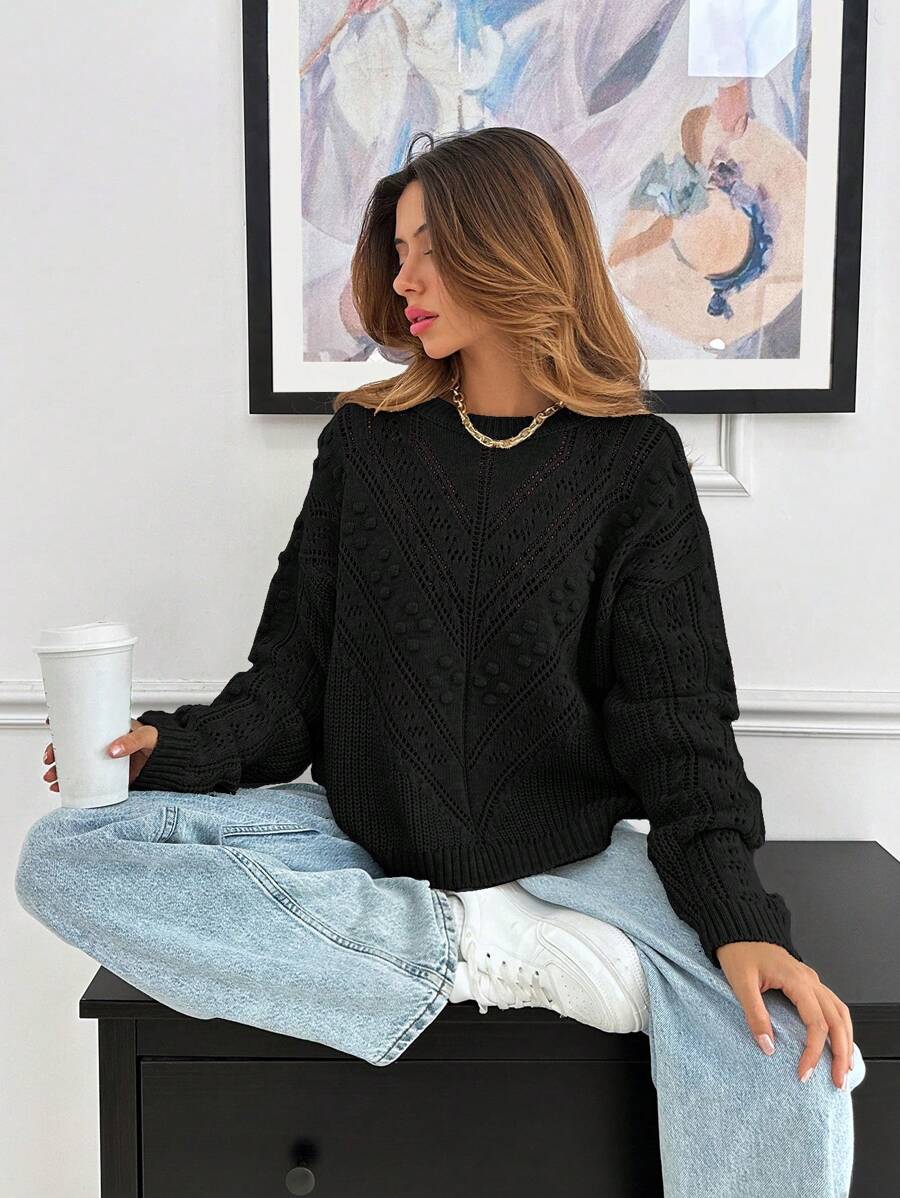 EURMUSE Women's Asymmetric And Pon Pon Knit Pattern Detailed Sweater - Black - View 1