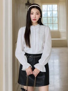 EastFlair Áo cánh tay bèo thêu màu trơn phong cách cung điện mùa thu cho nữ màu trắng - trắng - Xem 1