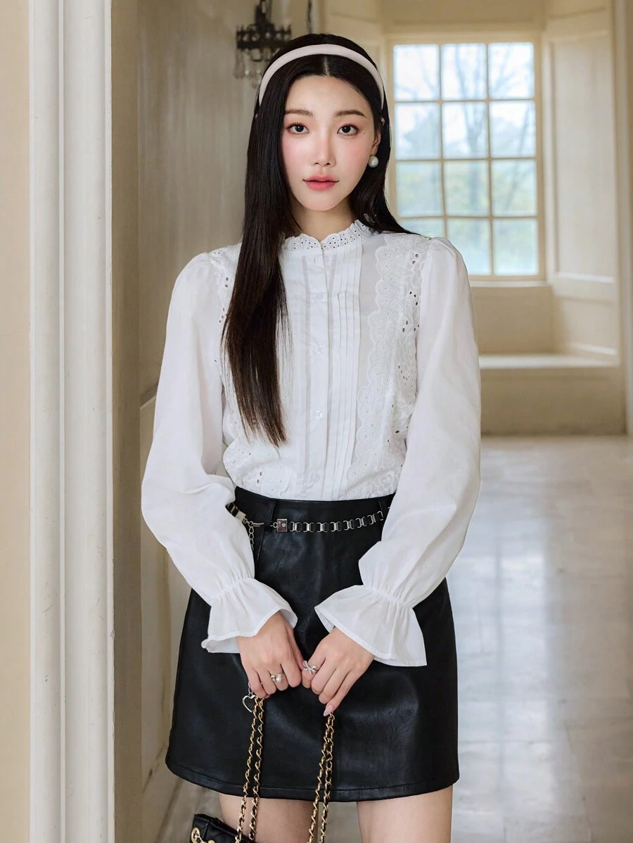 EastFlair Áo cánh tay bèo thêu màu trơn phong cách cung điện mùa thu cho nữ màu trắng - trắng - Xem 1