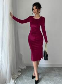 Elenzga 1pc Women's Black Velvet Long Sleeve Square Neck Backbow Tie-Up Slit Dress For New Year Holiday Party Clothes Burgundy Maxi Women Outfit - Burgundy - View 5