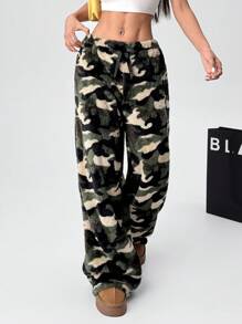SHEIN EZwear Women Camouflage Fuzzy Relaxed Drawstring Pants - Multicolor - View 3