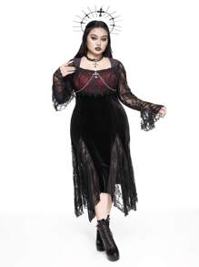 ROMWE Goth 哥特宫奢华复古撞色蕾丝边金属链吊坠领喇叭袖高开叉拼接透明天鹅绒腰大码连衣裙 - 黑色 - 查看 4