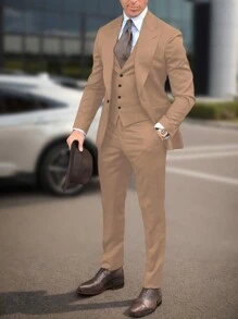 Calvornis 2pcs Men Business Formal Plain Waistcoat & Pants Suit Set, Fall Clothes - Rust Brown - View 3