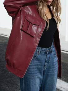 GENKIRA 复古时尚夸张实用口袋 PU 皮革棒球夹克，罗纹拼接领超大长袖女士外套节日派对服装 - 酒紅色 - 查看 5