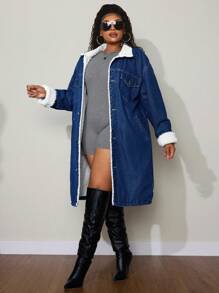 大码女式冬季加厚抓绒长款牛仔外套，圣诞节感恩节秋冬季 - 中等水洗藍 - 查看 4