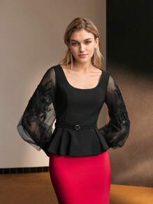 MOTF Soiréza SEQUIN EMBROIDERY SHEER MESH LANTERN SLEEVE SCOOP NECK BUCKLE BELTED PEPLUM TOP - Black - View 7
