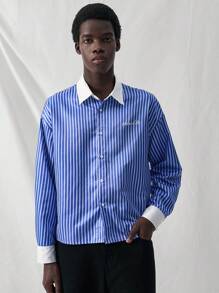 Manfinity VCAY Camisa casual urbana de colores block, de manga larga, con ajuste holgado y tejida, adecuada para jóvenes - Azul - Ver 1