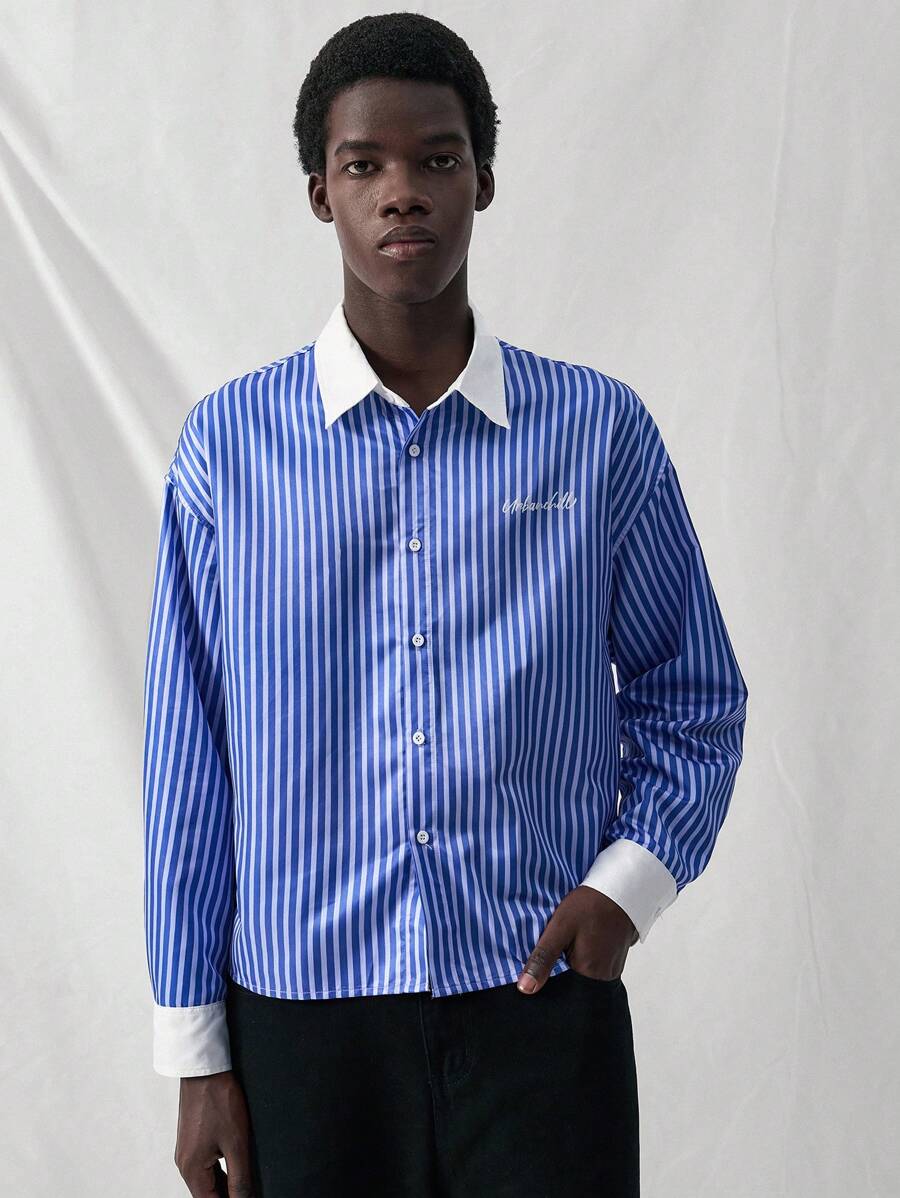 Manfinity VCAY Camisa casual urbana de colores block, de manga larga, con ajuste holgado y tejida, adecuada para jóvenes - Azul - Ver 1
