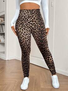 SHEIN EZwear 大码女式高腰时尚高弹力豹纹打底裤 - 彩色 - 查看 5