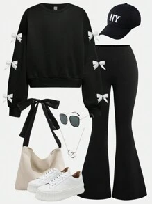 Girlism Teen Girl 2pcs/Set Black, Sweet Knitted Solid Color Knitted Sweatshirt, Bow Decoration, Loose Casual Round Neck Pull Over Bell And Bottoms