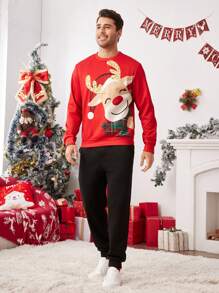 Manfinity VCAY Bộ 2 món gồm áo nỉ dài tay cổ tròn in hình hươu và quần dài ống đứng giữ ấm, thích hợp cho mùa thu/đông và Giáng sinh, bộ đồ gia đình/cặp đôi đồng bộ. - Đỏ - Xem 6