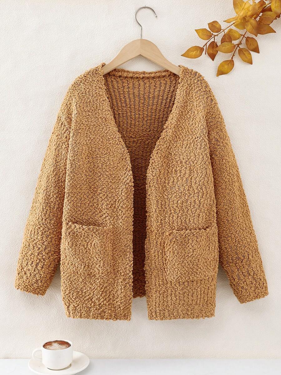 Tween Girl Casual Knitted Plain Long Sleeve Cardigan - Camel - View 1