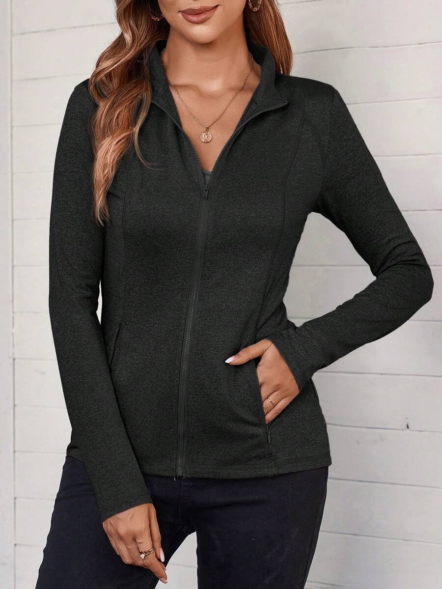 EMERY ROSE 休闲花卉印花灰色立领修身运动夹克，秋季 - 黑色 - 查看 1