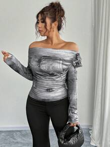 Calvaya Bộ đồ dệt kim giặt hoa hở vai cỡ lớn - Xám - Xem 7