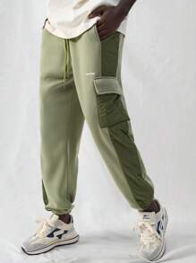 Manfinity VCAY 男士针织休闲宽松松紧腰直筒裤，外出慢跑长款拼色裤，送给老公、男朋友的礼物 - 軍綠色 - 查看 1