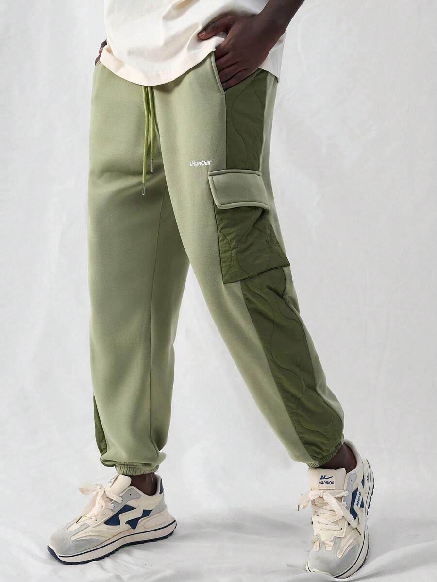 Manfinity VCAY 男士针织休闲宽松松紧腰直筒裤，外出慢跑长款拼色裤，送给老公、男朋友的礼物 - 軍綠色 - 查看 1