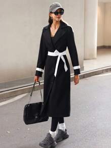 SHEIN Unity Women's Autumn Winter Colorblock Stand Collar Long Sleeve Long Elegant Wool Coat Fall Cloth For Women - Black and White - View 5