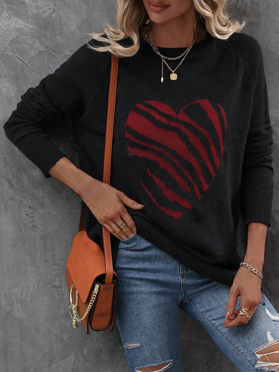SHEIN LUNE 心形条纹图案长袖复古休闲女式毛衣，秋冬 - 彩色 - 查看 1
