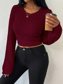 Áo len cổ tròn tay dài thiết kế thắt nút màu trơn dành cho nữ - Màu Đỏ Sâu - Xem 2