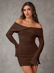 SHEIN BAE Women's Elegant Solid Color Twist Off-Shoulder Bodycon Mini Sweater Dress, Autumn/Winter - Coffee Brown - View 3