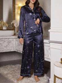 LuxeNights 撞色滚边仿丝绸星空印花翻领长袖上衣和裤子睡衣套装，舒适优雅细节，秋冬服装 - 藏蓝色 - 查看 6