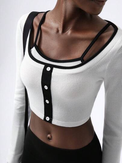 VARSITIE 黑白对比色 2 合 1 长袖修身女式 T 恤