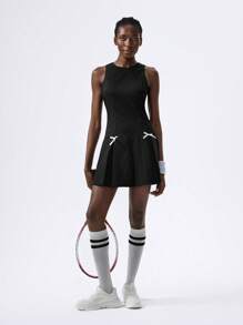 VARSITIE Round Neck, Hollow Back Strap, Pleated Bow Mini Women Dresses - Black - View 1