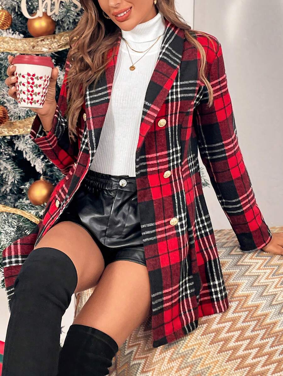 SHEIN LUNE Áo khoác caro dài tay cài nút phía trước, mặc thường ngày - Nhiều màu - Xem 1