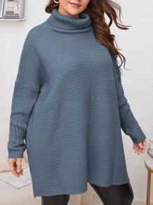 SHEIN LUNE Plus Size Turtleneck Long Sleeve Casual Pullover Sweater, Solid Color, For Winter Knit Pullover Fall - Dusty Blue - View 6