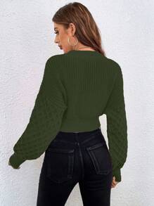Chiquease Áo len cardigan ngắn thời trang họa tiết trơn màu sáng - xanh quân đội - Xem 2