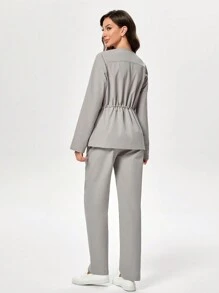 TaskEZ 2pcs Scrub Set Anti-Wrinkle Crossed Wrap Long Sleeve Nurse Uniform Top & Bottom For Women - Khaki - View 2