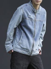Claim Dot 大码男士休闲破洞牛仔夹克，前拉链，秋季 - 中等水洗藍 - 查看 1